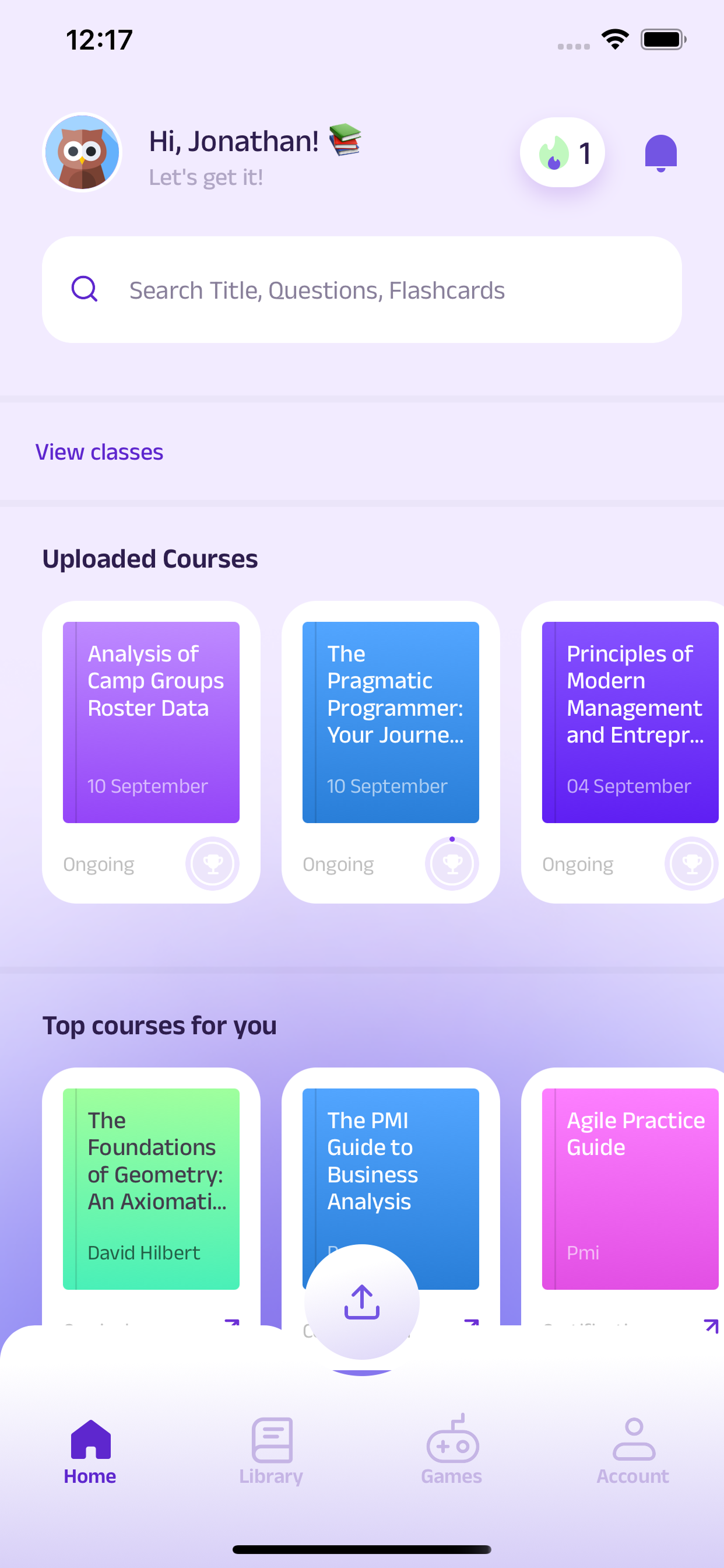 Luceo Study App home screen — upload notes and get AI-generated study packs